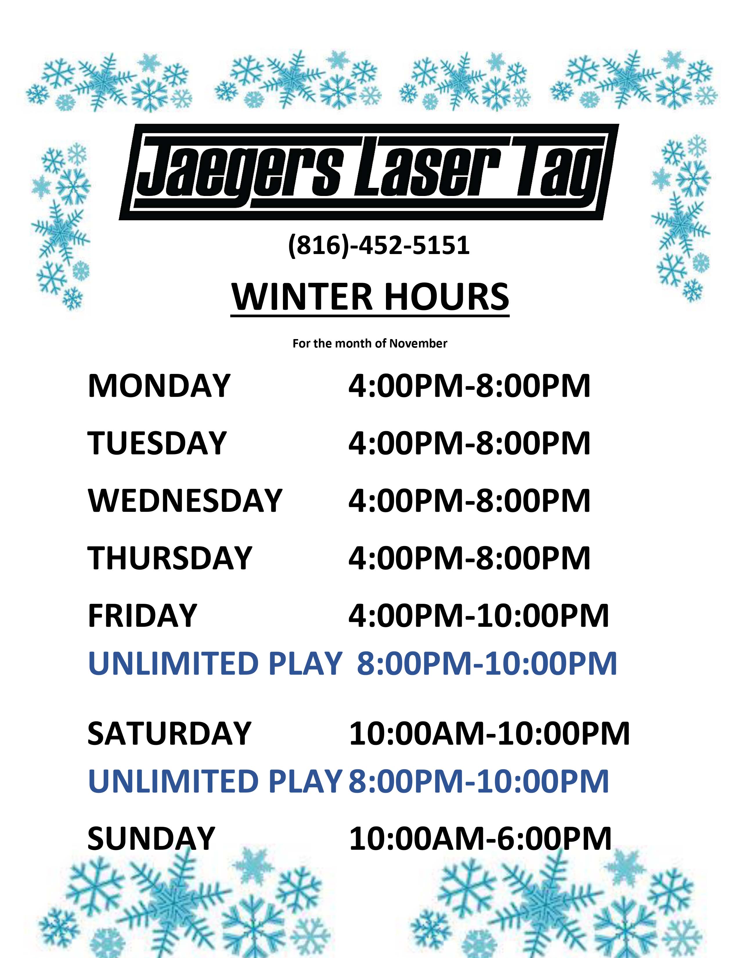 Winter Hours for Lasertag